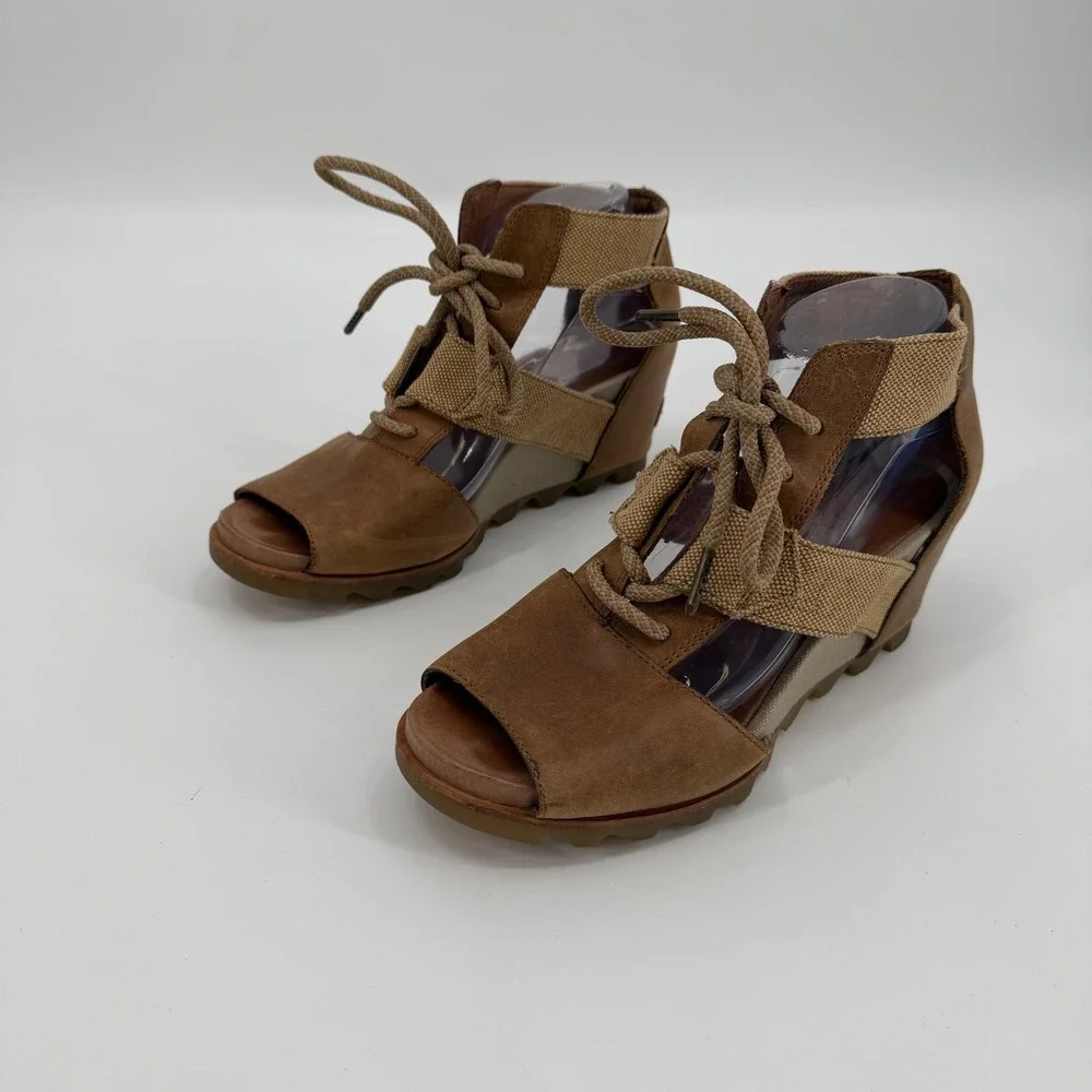 Sorel Joanie Lace Tan Leather Canvas Wedge Sandals NL2441-286 Womens 10